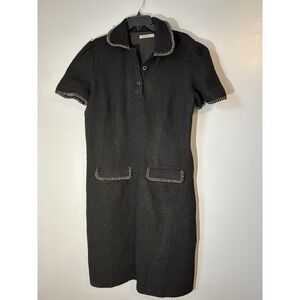 Tweed Sheath Dress Black With Gold Braid‎ Chain Trim Lined Made In India L/14